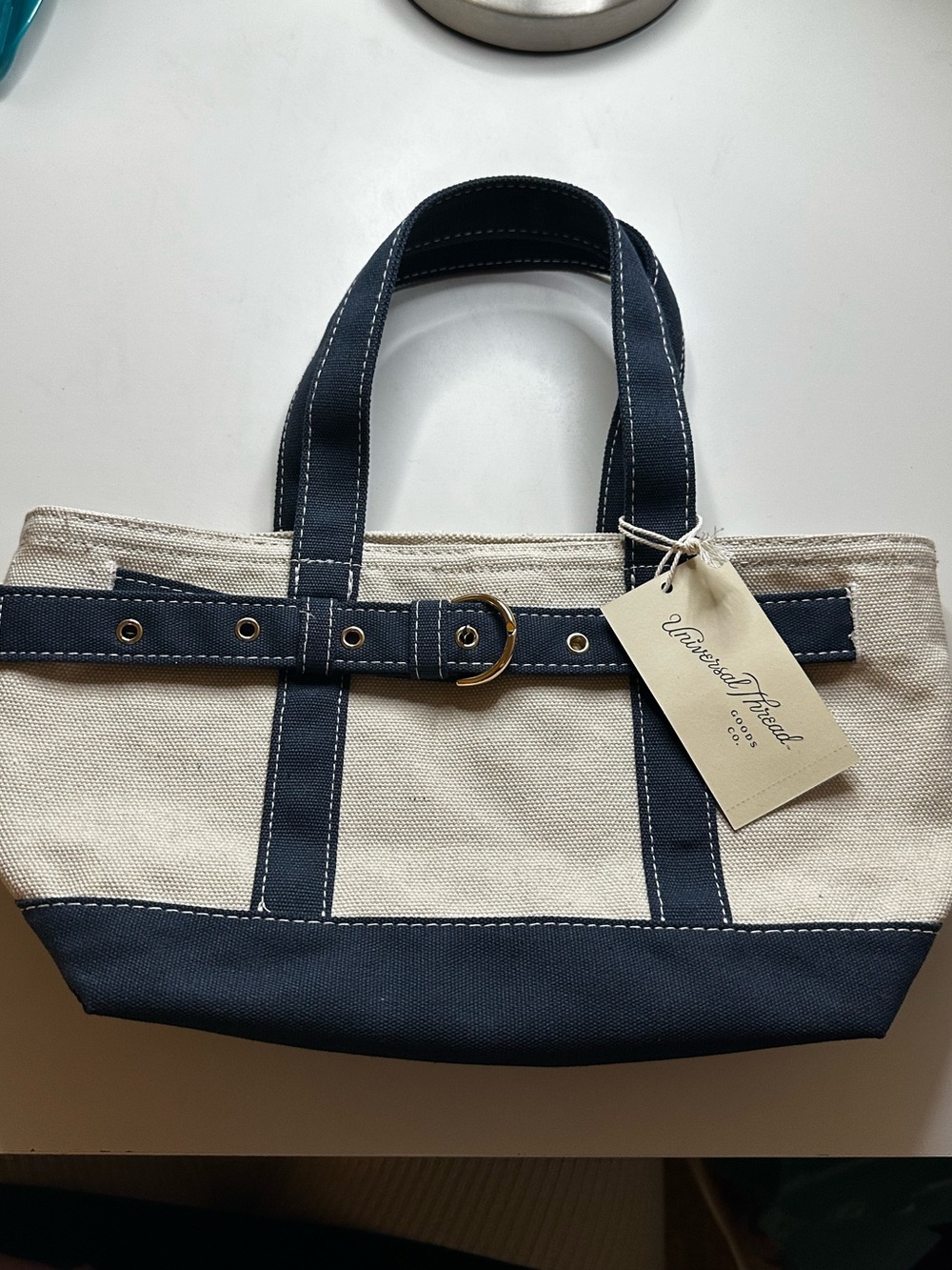 Universal Thread Navy and Cream Mini Canvas Belt-Accent Tote